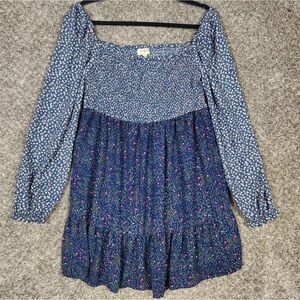 Umgee babydoll dress Sz. L Blue Floral Smocked Ruffled Boho Peasant Dress
